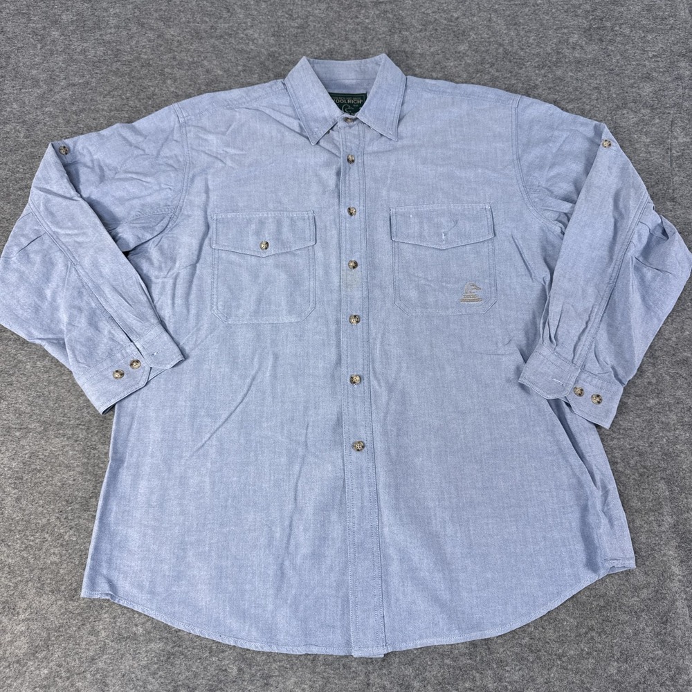 Woolrich Ducks Unlimited Shirt Mens Large Blue Oxford Hunting Reinforced Outdoor